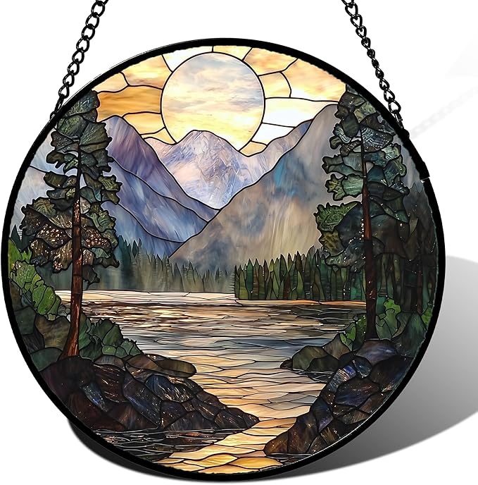 AMDERVEN Stained Glass Window Hanging, Sunset Mountains Lake Tree Sun Catcher for Window Home Decor Landscape Suncatcher Mother's Day Birthday Gifts for Women Men Mom and Nana 7.8 in