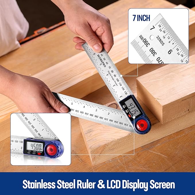 WORKPRO Digital Angle Finder, 7-Inch / 200 mm Stainless Steel Angle Finder Tool with Lock & Hold Function, Precision Measuring Tool with Bag for Woodworking, Carpentry, Construction Projects