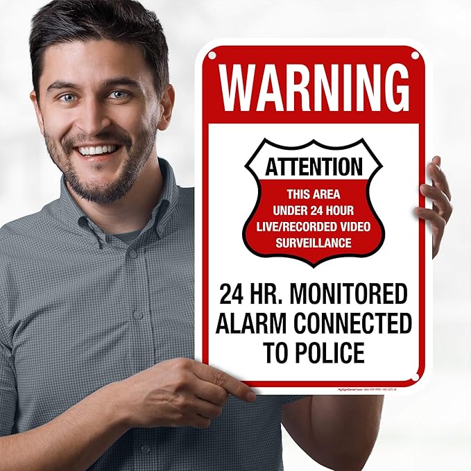 Warning 24 HR. Monitored Alarm Connected To Police Sign, 12x18 Inches, 55 mil thick HDPE (high density polyethylene), Made in USA by My Sign Center