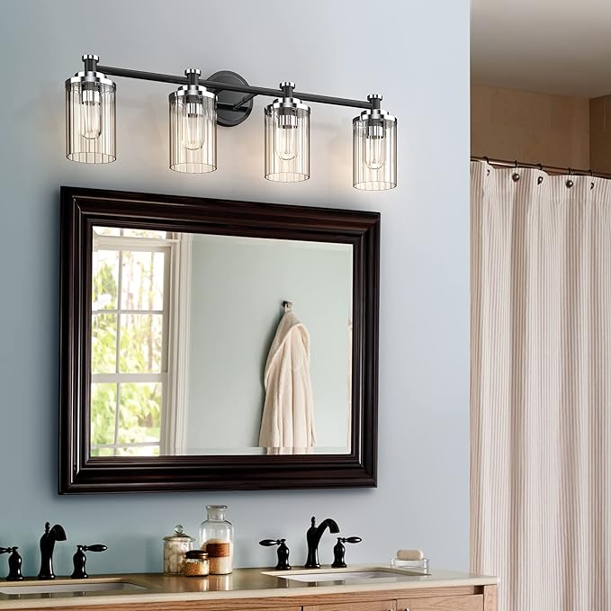 PHIXART Bathroom Lighting Fixtures Black and Chrome Bathroom Vanity Light with Cylindrical Clear Stripes Glass Lampshade E26 Socket Base Bathroom Lighting Fixtures Over Mirror (4 Lights)