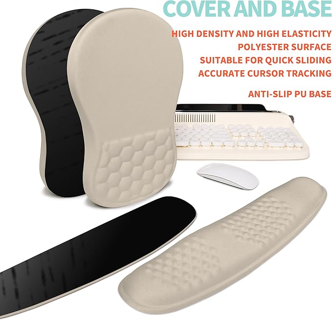 KUOSGM 2-in-1 Ergonomic Set, Wave Rise Keyboard Wrist Rest and Massage Bulge Slope Mouse Pad Wrist Support, Cushion Memory Foam Integrated to Relieve Wrist Pain, Apricot