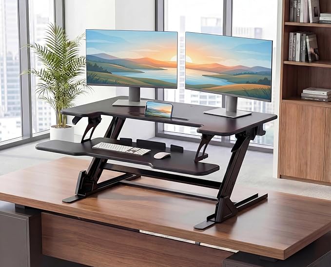 HUANUO 36" Z Shaped Stable Standing Desk Converter, Height Adjustable Sit Stand Up Desk Riser, Dual Monitor and Laptop Workstation with Wide Keyboard Tray, Desk Lifter for Home Office