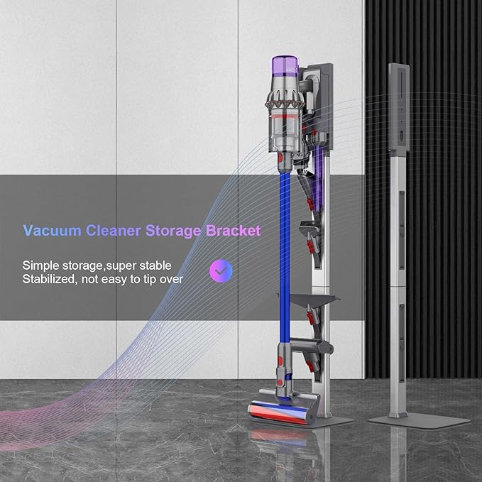 AIKOLZON Vacuum Stand for Dyson with Foldable Storage Hooks and Heavy-Duty Carbon Steel Base, No Drill Installation, Space-Saving Organizer for All Dyson Cordless Vacuums & Accessories