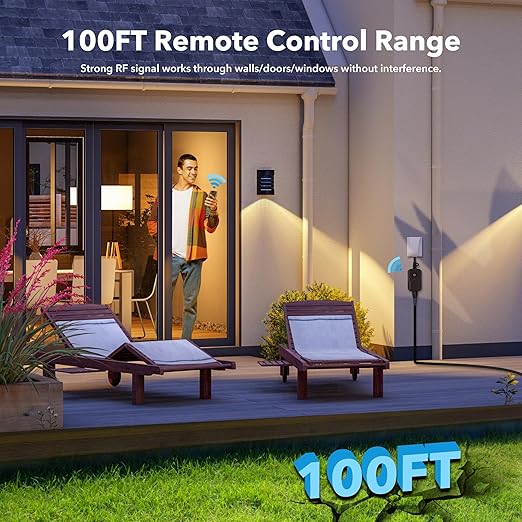 BN-LINK Outdoor Remote Control Outlet Plug Black,Indoor Wireless Outlet Switch Weatherproof Heavy Duty 15A 3-Prong 6-inch Cord 100Ft Range (Battery Included)