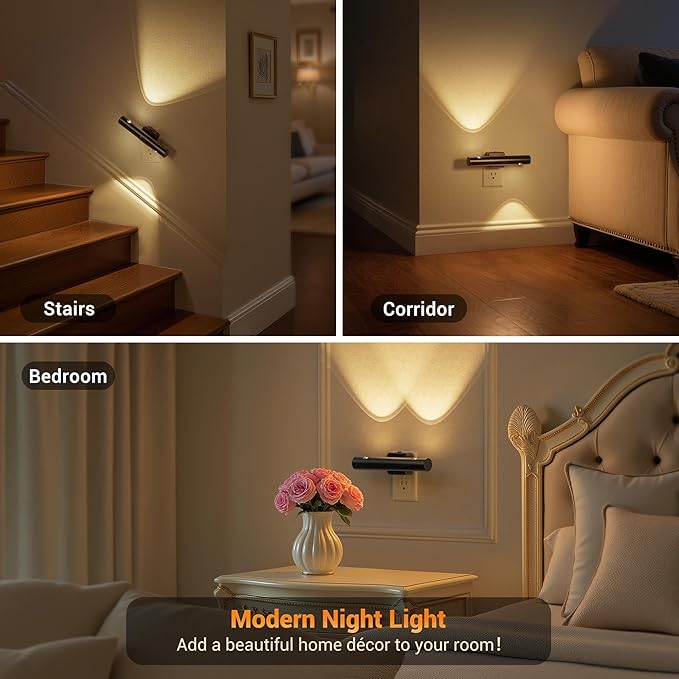 JandCase LED Night Light, Modern Rotating Night Lights Plug into Wall, Soft White 3000K,0-100LM Adjustable Brightness with Dusk-to-Dawn Sensor, Dimmable Wall Lights Bar for Bathroom, Vanity, Bedroom,S
