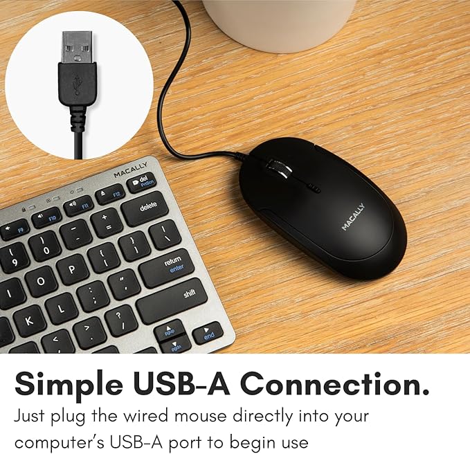 Macally Computer Mouse Wired, Silent USB Mice - Slim & Compact USB for Apple Mac or Windows PC Laptop/Desktop - Designed with Optical Sensor & DPI Switch - Simple - Black