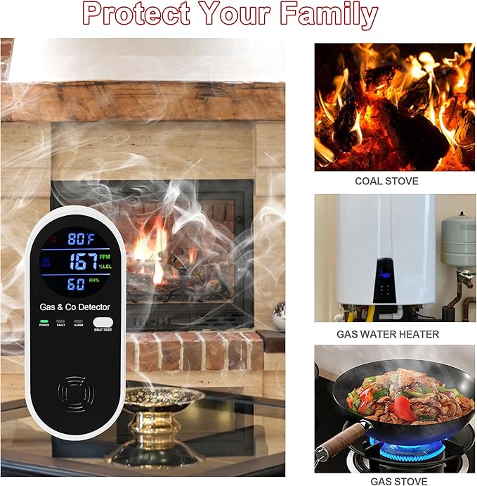 Koabbit Natural Gas & Carbon Monoxide Detector, Plug in Carbon Monoxide Alarm,Natural Gas Detector,Propane,4-in-1 Combustible Gas & CO Detector with Fahrenheit(°F) & Humidity for Home,RV,Apartment