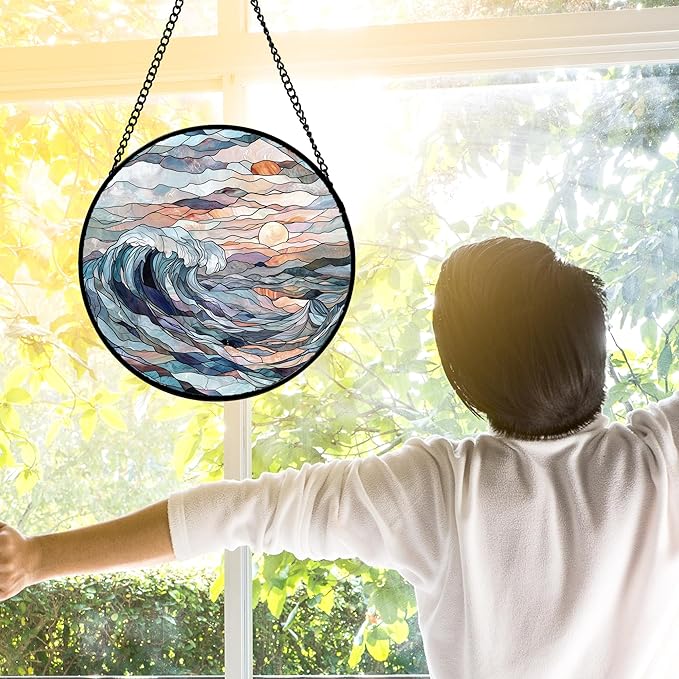 DASTOLL Stained Glass Window Hanging, Sunrise Waves Sun Catchers Diamond Glass Panel Hangings Abstract Suncatcher Decor for Birthday for Women, Men, Wife, Aunt, and Mom 11.8x11.8 in