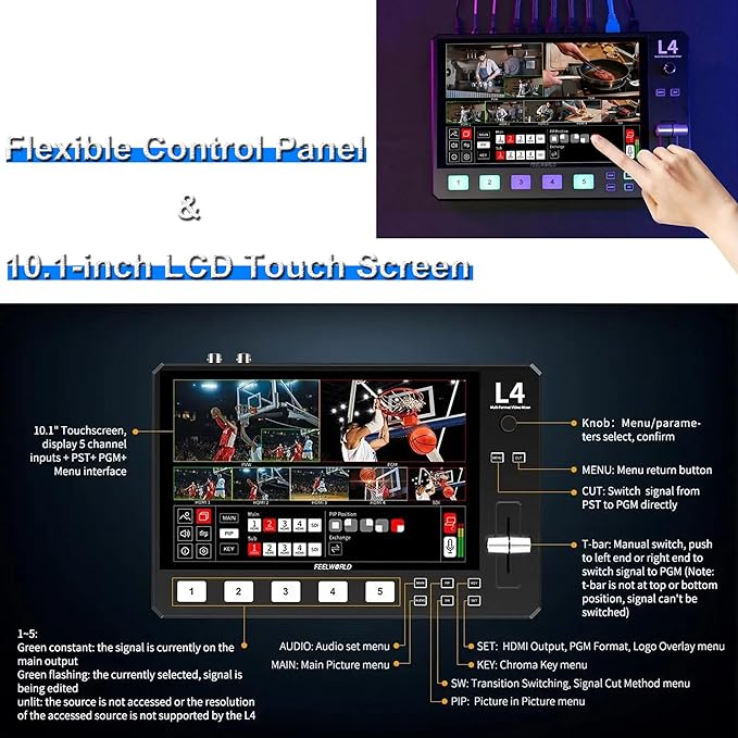 Feelworld L4 Switcher 10.1 Inch Touch Screen Multi-Camera Video Mixer Switcher,4xHDMI,SDI,Audio Input/Output,App/PTZ Control,USB3.0 Fast Streaming,Built-in Cooler,13 Transitions