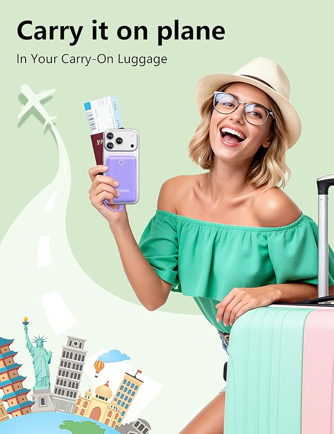 miisso 10000mAh Mini Portable Charger with Built in Cable, Pocket Size Power Bank Travel External Battery Pack for Phone, 3 Output USB Type C Cord Clutch Compatible with iPhone, Samsung, Purple