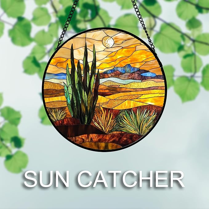 DASTOLL Stained Glass Window Hanging 4 Pcs Set Desert Sunset Theme Landscape Large 11.8" - Suncatcher Door Garden Sun Catcher Decor Birthday Christmas for Mom Woman Nana Men