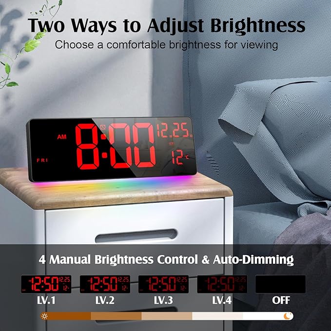 Xflyee 16.5" Large Digital Wall Clock with RGB Night Lights, Auto Dimmer, Remote Control, Date, Indoor Temperature, DST