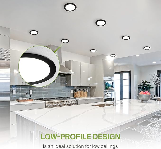 ASD 1 Pack 8 Inch LED Recessed Light 20W, 5 CCT 2700K-5000K CRI90+, IC Rated Ultra Thin Dimmable Ceiling Lights with J Box, Canless Wafer Downlight, Round Slim Panel Lighting, UL Listed, Black