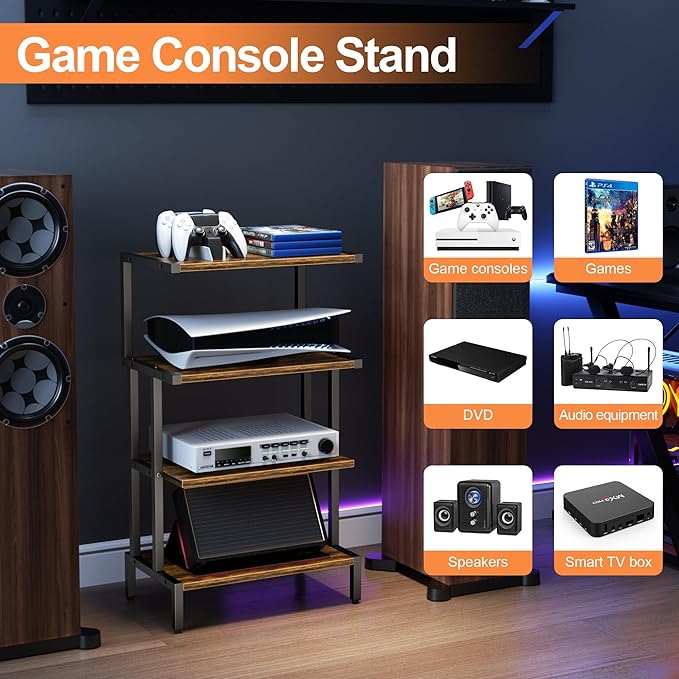 Aquzee Game Console Stands, 4-Tier AV Media Shelf, Stereo Stand, Wood Gaming Entertainment Center Rack for Audio Video Games DVD Player Organizer Storage Shelves fit Small Space