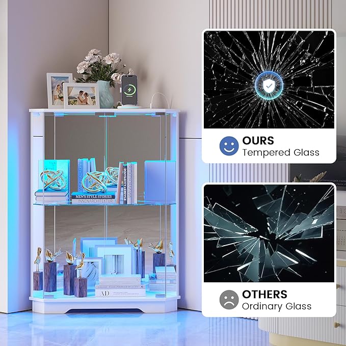Dystler Corner Display Cabinet with Glass Doors, Small Display Case with 3-Color LED Lights and Charging Station, 2-Tier Curio Cabinet with Storage and Shelf, White