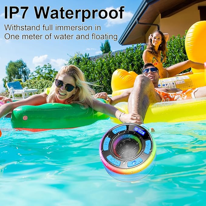Shower Bluetooth Speaker IPX7 Waterproof, Portable Bluetooth Speakers with Suction Cup and Time Display, Crystal Sound&Bass LED Light 1100mAh, Wireless Shower Speaker for Outdoor/Kayak Dark Blue