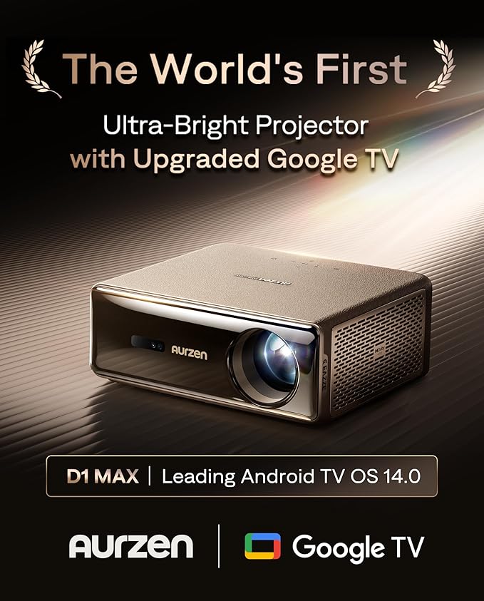 Aurzen EAZZE D1 MAX Upgraded Google TV Smart Projector 4K Supported, Ultra-Bright 1000 ANSI Lumens, MEMC Tech, Fully Automatics, 20W DoIby Audio, Home Theater Movie Projector with WiFi and Bluetooth
