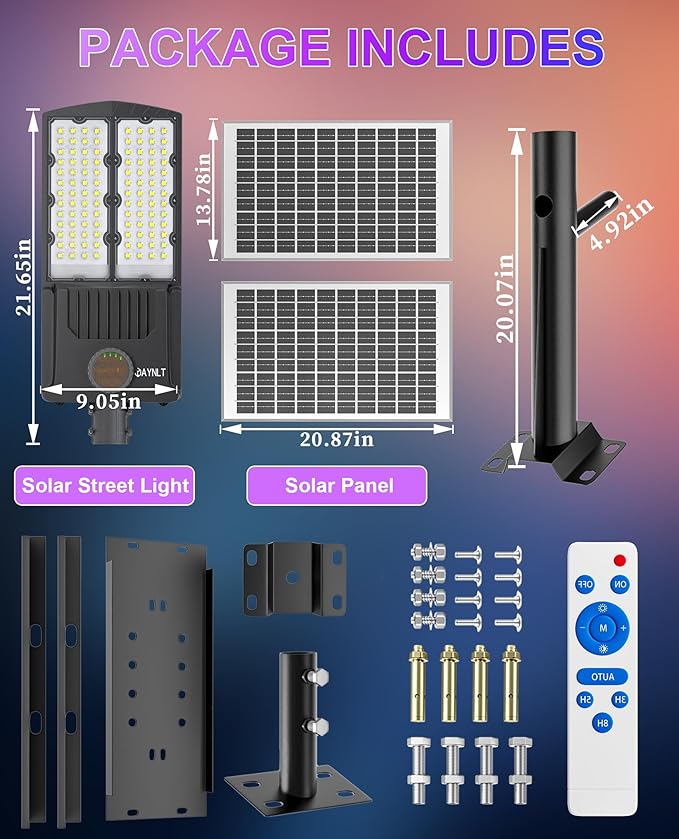 JAYNLT Y-9000W Solar Street Lights Outdoor,6500K 700000LM High Power Parking Lot Lights Commercial Dusk to Dawn, IP67 Waterproof Solar Security Flood Lamps Motion Sensor for Yards, Farm,Road