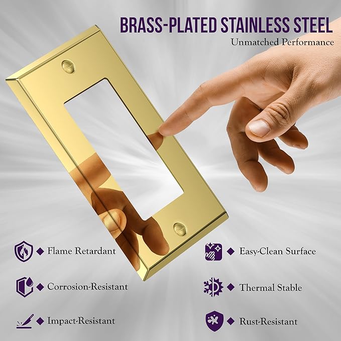 ENERLITES Decorator Switch or Outlet Metal Wall Plate, Stainless Steel Outlet Cover, Corrosion Resistant, Size 1-Gang 4.50" x 2.76", Stainless Steel 201, 7731-PB, Polished Brass, Gold