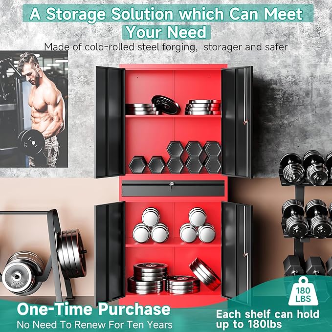 SISESOL Metal Storage Cabinet with Drawer and Lock,Garage Storage Cabinet with Locking Doors and Shelves,71" Black Red Metal Cabinets,Lockable Steel Tool Cabinets for Garage,Home,Office,Shop