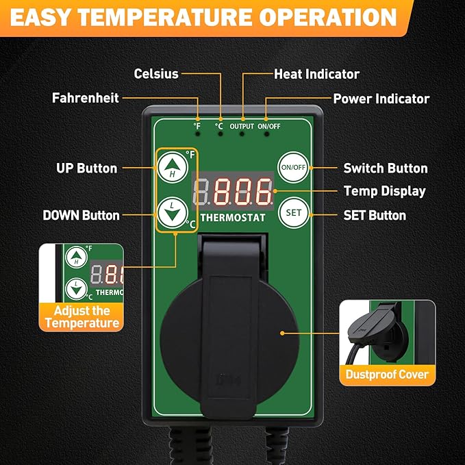 COOS BAY Digital Thermostat Controller -4 to 108°F, Temperature Control for Greenhouse Heater, Heat Mat, Grow Tent, Garage, Reptile Enclosure, Homebrew, Seedling, 15A/1500W, Green, 1 Pack