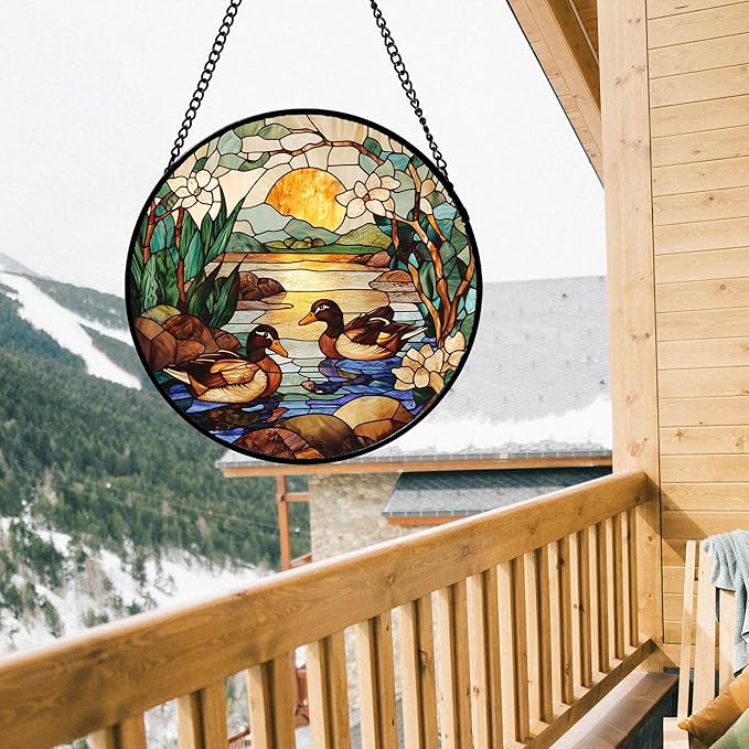 AMDERVEN Stained Glass Window Hanging, Ducks in The Pond Sun Catcher for Door Home Decor Landscape Plant Suncatcher Christmas Mother's Day Birthday Gifts for Women Men Mom Nana 11.8 in