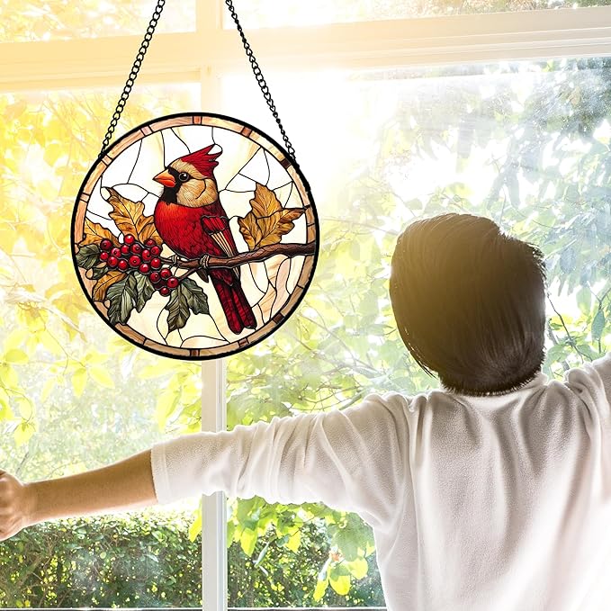 DASTOLL Stained Glass Window Hanging, Birds on a Branch Cardinal Sun Catchers Diamond Glass Panel Hangings Suncatcher Decor for Birthday for Women, Men, Wife, Aunt, and Mom 9.8X9.8IN