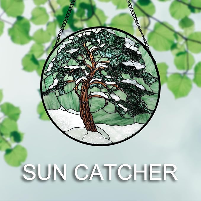 AMDERVEN Stained Glass Window Hanging 4 Pcs Set Forest Green Trees Winter Snow 9.8" - Suncatcher Door Garden Sun Catcher Home Decor Birthday Mother's Day for Woman Nana Mom Men
