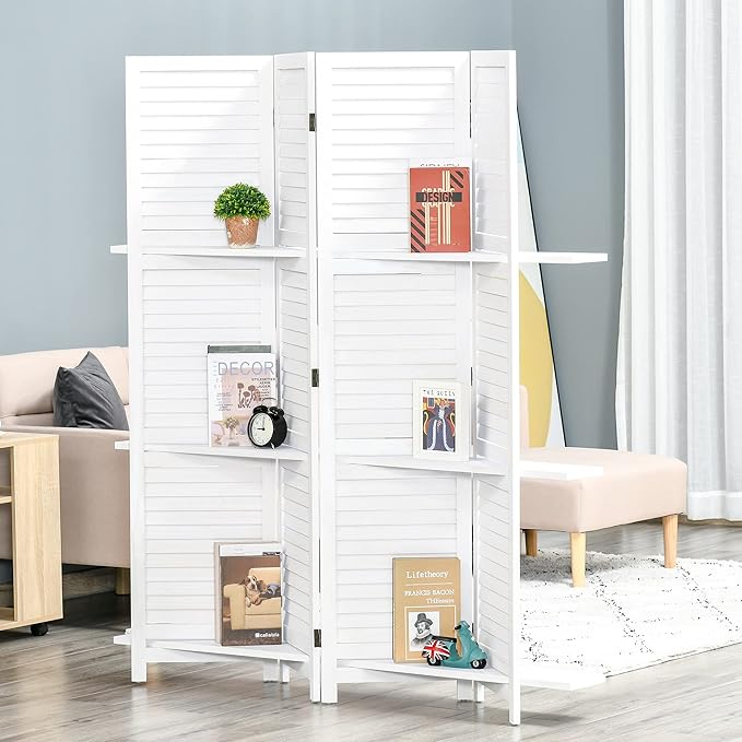 HOMCOM Room Divider, 4 Panel 67" Tall Wood Privacy Screen with 3 Display Shelves, and Folding Storage for Bedroom or Home Office, White