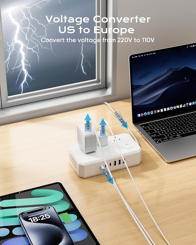 Puveini US to Europe Travel Adapter 220V to 110V Voltage Converter with 4.5A 6-Port USB Charging and UK/AU/US/EU Worldwide Plug Adapter