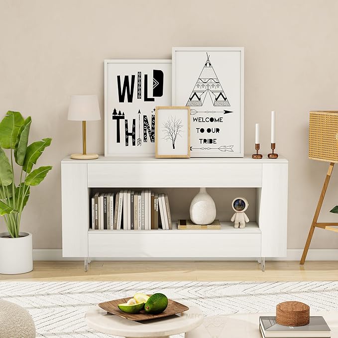 Vavkorkula TV Stand for 65 Inch with 2 Large Drawers & Hidden Storage Cabinets, Modern Farmhouse Entertainment Center Television Stands for Living Room Bedroom, White