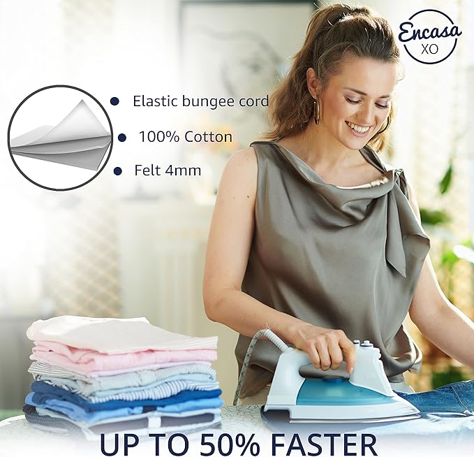 Encasa XO Ironing Board Cover and Pad 54"x18" - 4mm Felt X-Large Iron Board Cover with Padding - Heat Resistant, Stain-Safe Dye, Non Slip Elastic Bungee Cord Tightening Iron Table Cover White