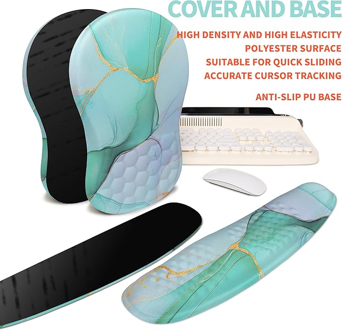 KUOSGM 2-in-1 Ergonomic Set, Wave Rise Keyboard Wrist Rest and Massage Bulge Slope Mouse Pad Wrist Support, Cushion Memory Foam Integrated to Relieve Wrist Pain, Blue Gold Marble