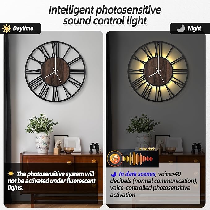LEIKE Large Wall Clocks with Night Light Battery Operated,Silent Non Ticking,Rustic Modern Big Wood Clock for Living Room, Bedroom,Kitchen,Farmhouse,Office,Home Decor-20 Inch(Roman Numerals)