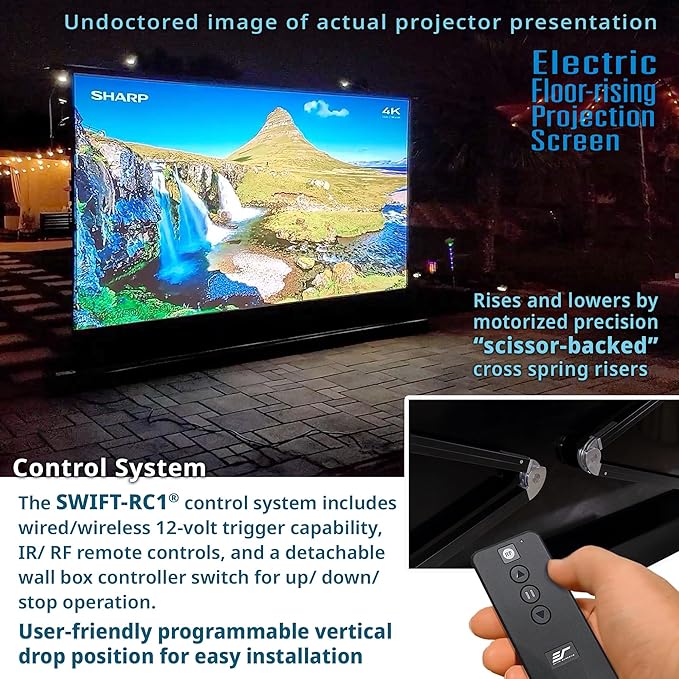 Elite Screens Kestrel Tab-Tension 3 CineWhite, 150 inch 16:9 Aspect Ratio, ISF Certified, Electric Floor-Rising Motorized Tab-Tensioned Front Projector Screen, Programmed Remote Kit, FTE150H3