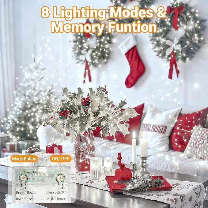 litogo 4 Pack Fairy Lights Battery Operated with Timer, 33FT 100LED Twinkle String Lights USB-C Powered 8 Modes Dimmable for Indoor Bedroom Centerpiece Wedding Classroom Dorm Christmas Decorations