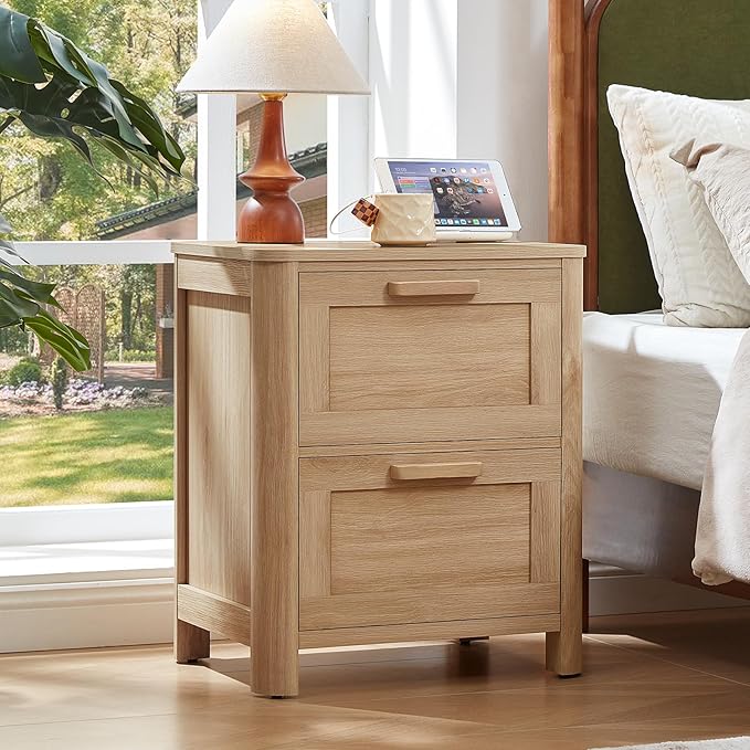 Joaxswe Farmhouse Nightstand Set of 2 with Charging Station, End Tables Bedroom with 2 Large Drawers & 4 Thickened Table Legs, Natural Wood