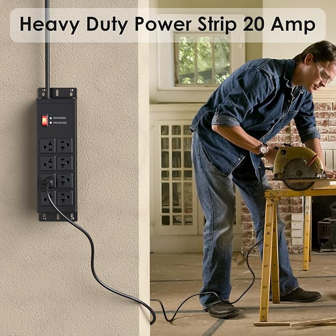 JUNNUJ Heavy Duty 20 Amp Surge Protector 4800J, Garage Metal 8 Outlets 12 Gauge, High Amp 5-15P Adapter Shop 6-20R T-Slot Industrial Outlet, 15 FT Extension Cord Commercial for Appliance