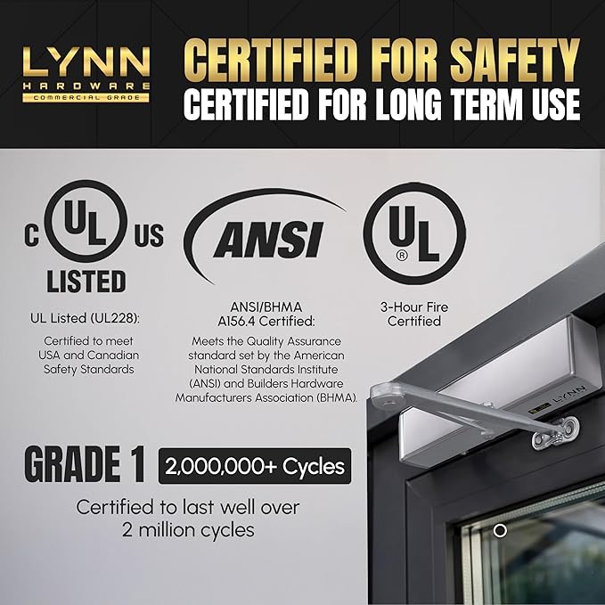 LYNN HARDWARE Extra Heavy Duty Automatic Door Closer (Brass/Gold) - Commercial Grade, Contractors Choice, Adjustable Speed, Delayed Closing Timer, 3 Mounting Options, 3 Hour Fire Rated (DC9016 Model)