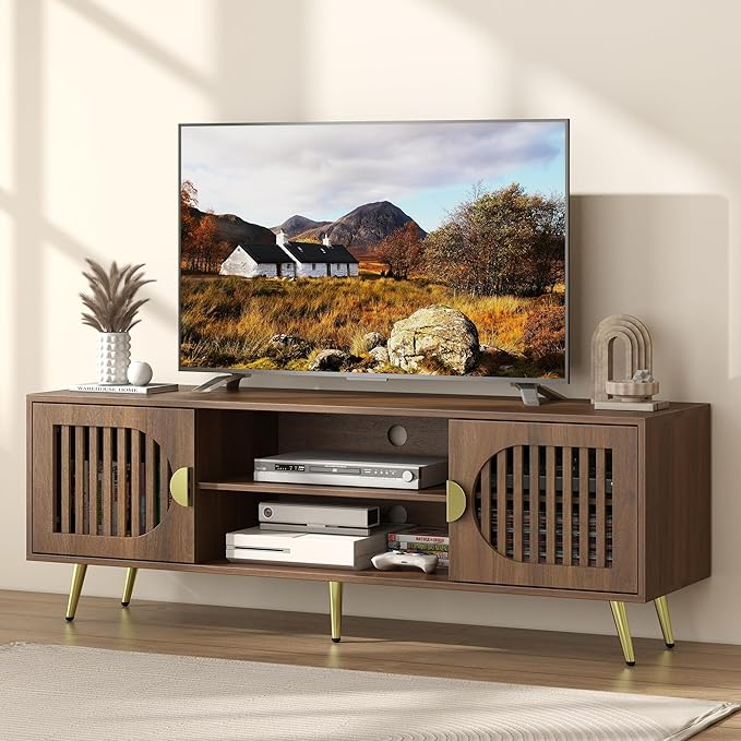 Dorivibe 54.33" Walnut TV Stand for TVs up to 60 Inch, Mid Century Modern Entertainment Center Console Table with Storage Cabinet, Wood Media Furniture for Living Room, Bedroom