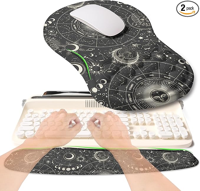 KUOSGM 2-in-1 Ergonomic Set, Wave Rise Keyboard Wrist Rest and Massage Bulge Slope Mouse Pad Wrist Support, Cushion Memory Foam Integrated to Relieve Wrist Pain, Constellation