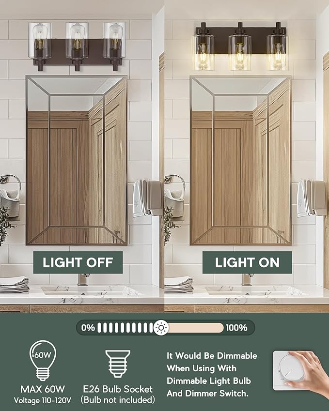 METWET 3-Light Bathroom Light Fixtures, Modern Vanity Light with Cylinder Clear Glass Shade, Vanity Lighting Fixtures Over Mirror, Oil Rubbed Bronze, VL143-ORB-3