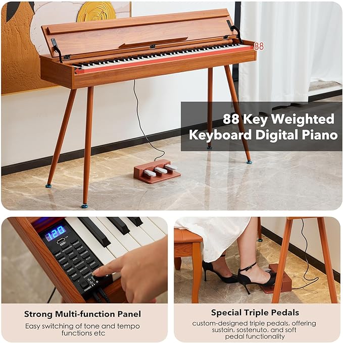 KUMENG Digital Piano 88 Key Weighted Keyboard,Full-Size Desk Progressive Hammer-Action Electric Piano For Beginners, With Sheet Music Stand, Pedal,Power Adapter, Headphone Mode, Usb-Midi