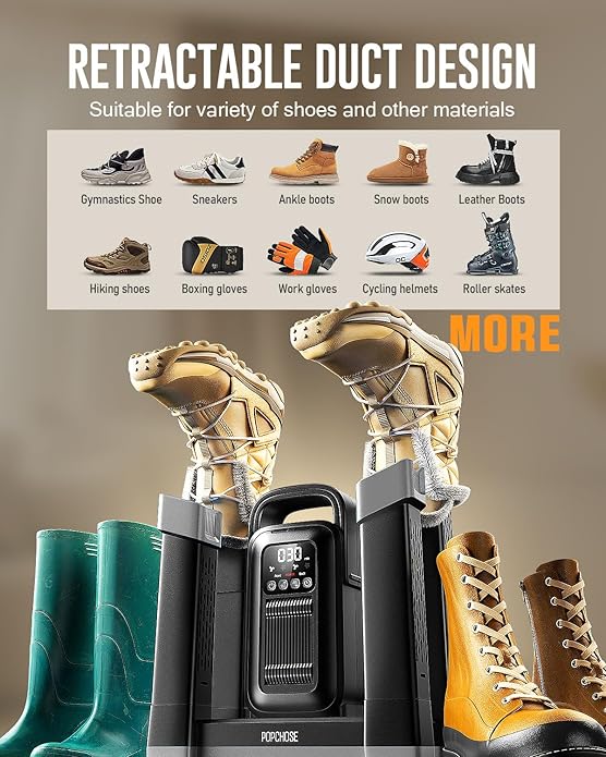 POPCHOSE Heavy-Duty Boot Dryer, Upgraded Shoe Dryer Helps Reduce Odor, Glove & Boot Warmer, Silent & Adjustable Timer