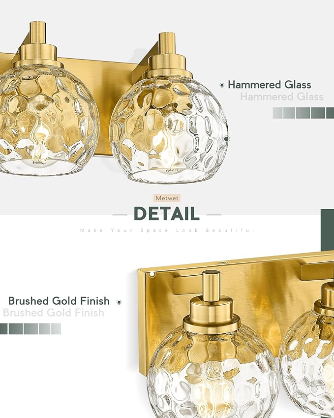 METWET Bathroom Light Fixtures Over Mirror, 26" Brushed Gold Bathroom Vanity Light with Clear Hammered Glass Globe Shade, 4-Light Modern Sconces Wall Lighting, VL200-BG-CL-4
