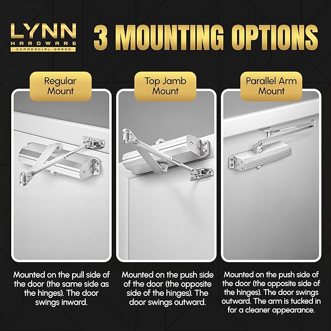 LYNN HARDWARE Medium/Heavy Duty Automatic Door Closer (Silver) - Commercial Grade, Contractors Choice, Adjustable Speed & Force, 3 Mounting Options, 3 Hour Fire Rated (DC7016 Model)