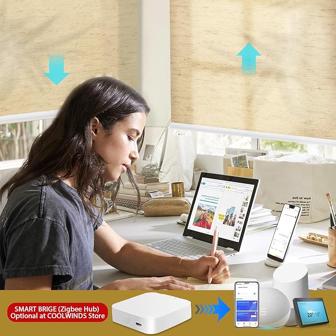 COOLWINDS Motorized Blinds with Remote Cordless Automatic Motorized Shades Custom Blinds for Windows Smart Curtains Compatible with Alexa Google Home(Light Filtering Linen Soft Dunes,W52 x H72in)