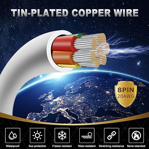 20 Gauge 8 Conductor Electrical Wire, 16.4FT White Stranded Low Voltage 20/8 PVC Case, 20 AWG Tinned Copper 8 Wire Extension Power for Strips LED Lamp Lighting