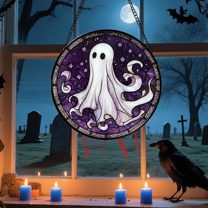 DASTOLL Stained Glass Window Hanging - Halloween Decorations White Ghost Purple Stars Suncatcher for Doors Garden Spooky Funny Sun Catchers Gothic Decor Horror Gifts for Women Men Friend 7.8 in