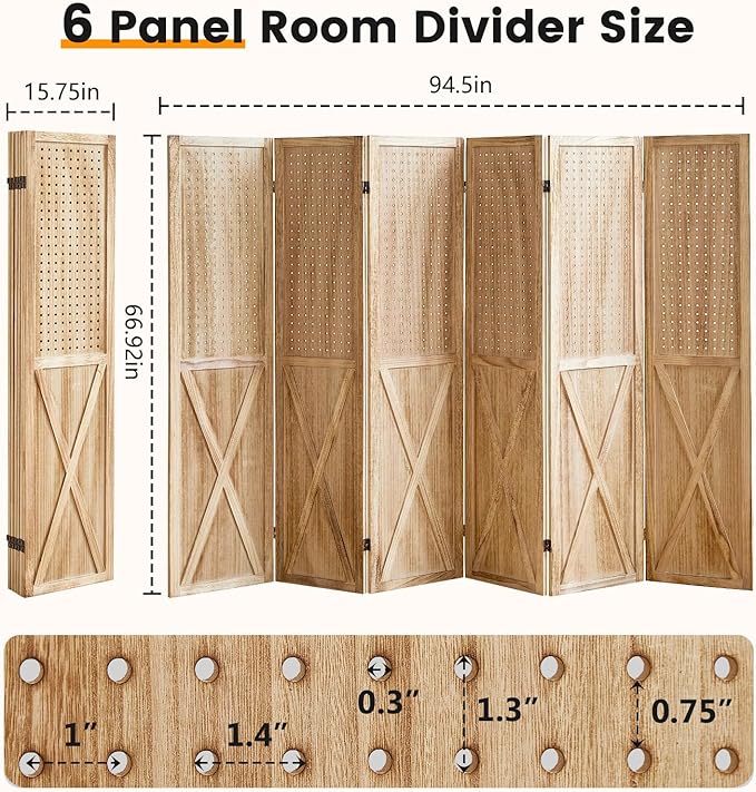 ALeesing 6 Panel Pegboard Room Divider, 5.6Ft Pegboard Display Folding Privacy Screens, Wood Room Divider Peg Board Display Freestanding for Trade Show Craft Show Home Wall Organizer, Light Brown